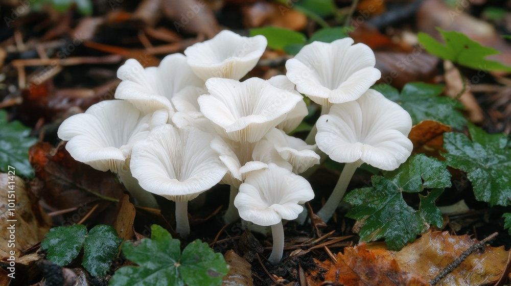 A group of delicate white mushrooms sprouting in a damp, shaded forest floor covered with leaves and pine needles. A group of delicate white mushrooms sprouting in a damp, shaded forest floor covered with leaves and pine needles.