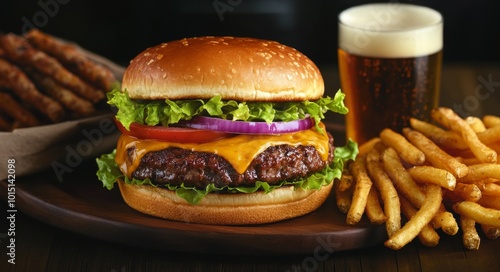  cheeseburger topped with fresh lettuce, ripe tomato, and red onion, featuring a golden brown bun with melted cheddar cheese and a cup of beer and crispy golden fries, on a wooden plate