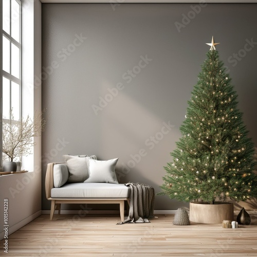 Scandinavian-style room with simple Christmas tree and natural decor