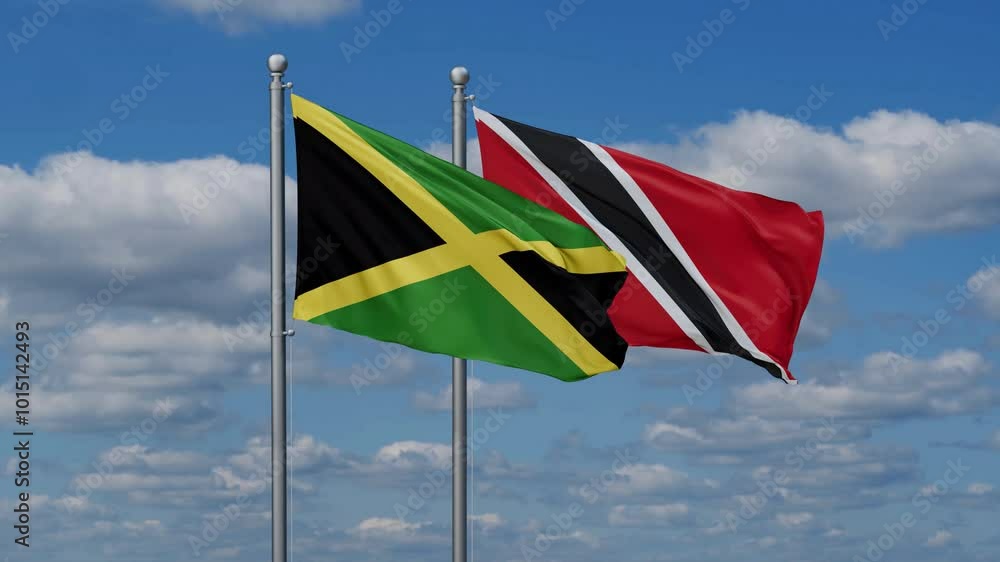 Trinidad and Tobago and Jamaica flags flying together, video concept of the relationship, two country cooperation concept Trinidad and Tobago and Jamaica flags flying together, video concept of the relationship, two country cooperation concept