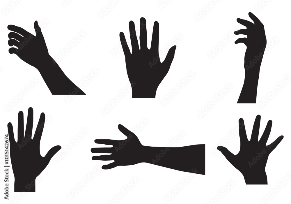 Set of various black silhouette hands. collection of hands of different gestures. Elegant gestures. Black and white vector illustration. Set of various black silhouette hands. collection of hands of different gestures. Elegant gestures. Black and white vector illustration.