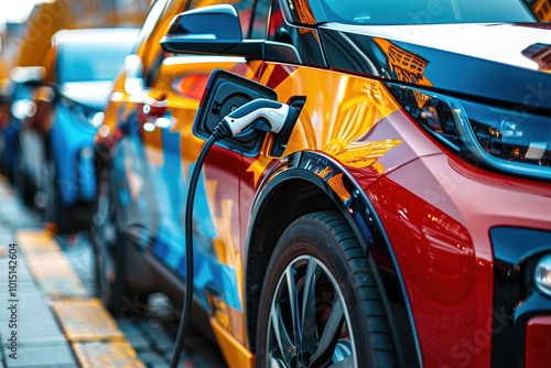 Red electric car charging at station with autumn city in blurred background. Close up, copy space. Illuminated vehicle, modern technology. Sustainable urban transportation and energy efficiency