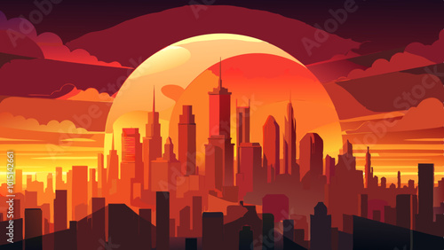 A dramatic sunset over a city skyline, with the sun appearing as a large, bright orange orb in the sky. The cityscape is silhouetted against the fiery orange and red hues of the sky