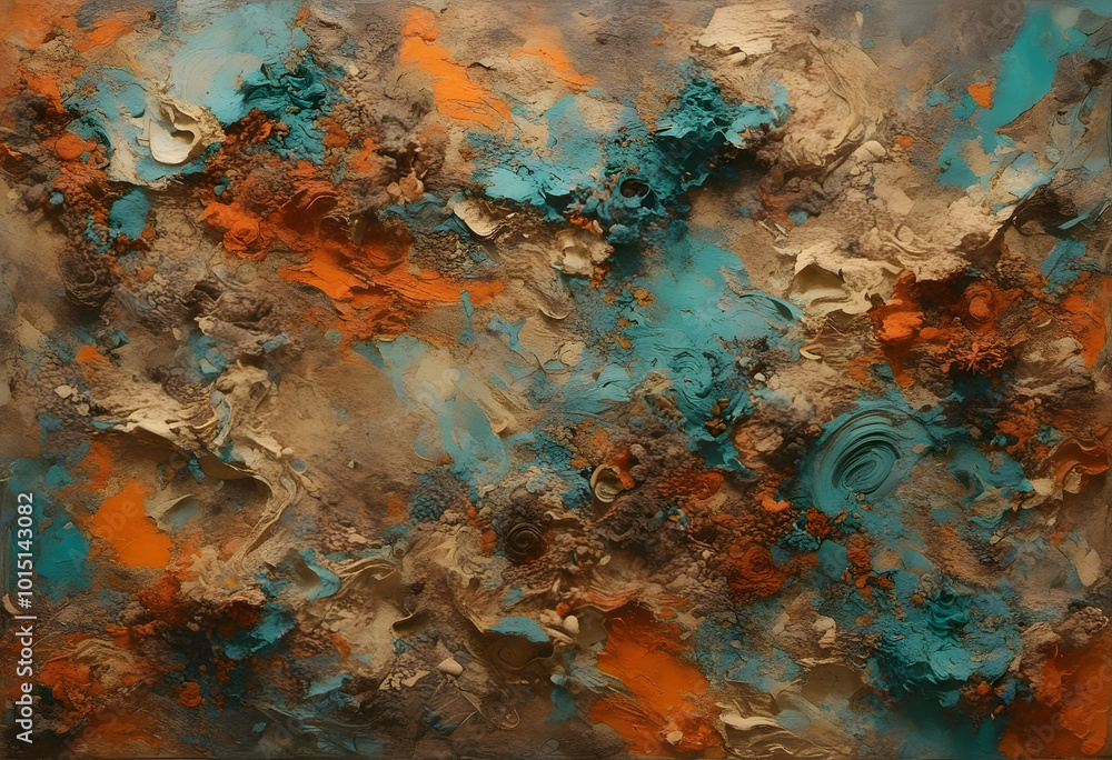 An abstract textured artwork featuring swirling patterns in turquoise, orange tones. The surface appears layered and three-dimensional, resembling natural elements like rocks or coral formations. An abstract textured artwork featuring swirling patterns in turquoise, orange tones. The surface appears layered and three-dimensional, resembling natural elements like rocks or coral formations.