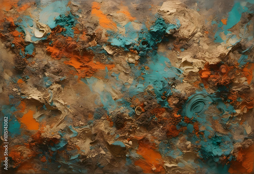 An abstract textured artwork featuring swirling patterns in turquoise, orange tones. The surface appears layered and three-dimensional, resembling natural elements like rocks or coral formations.