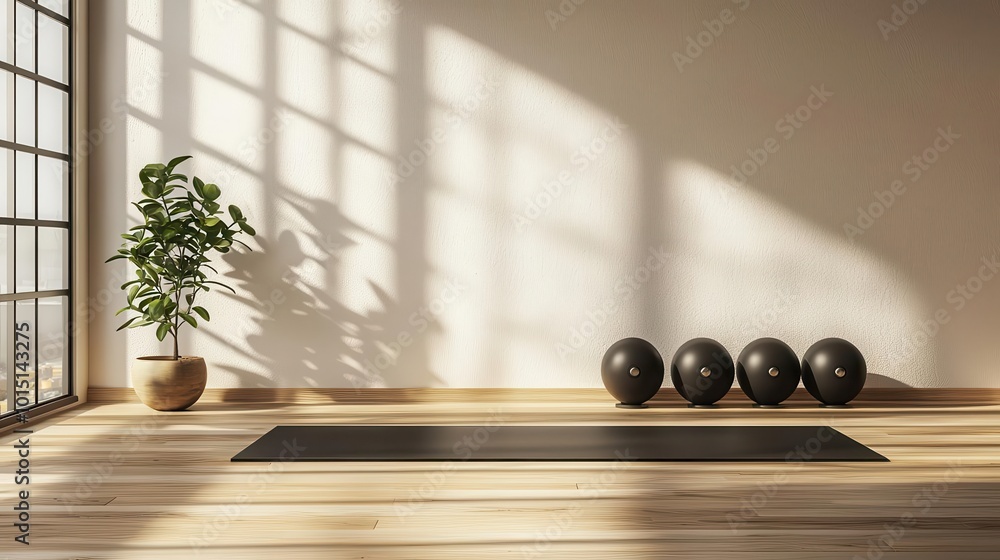 Naklejka premium Minimalist gym with sleek equipment, matte black accents, and natural sunlight streaming through large windows, fitness room, sleek, sunlight