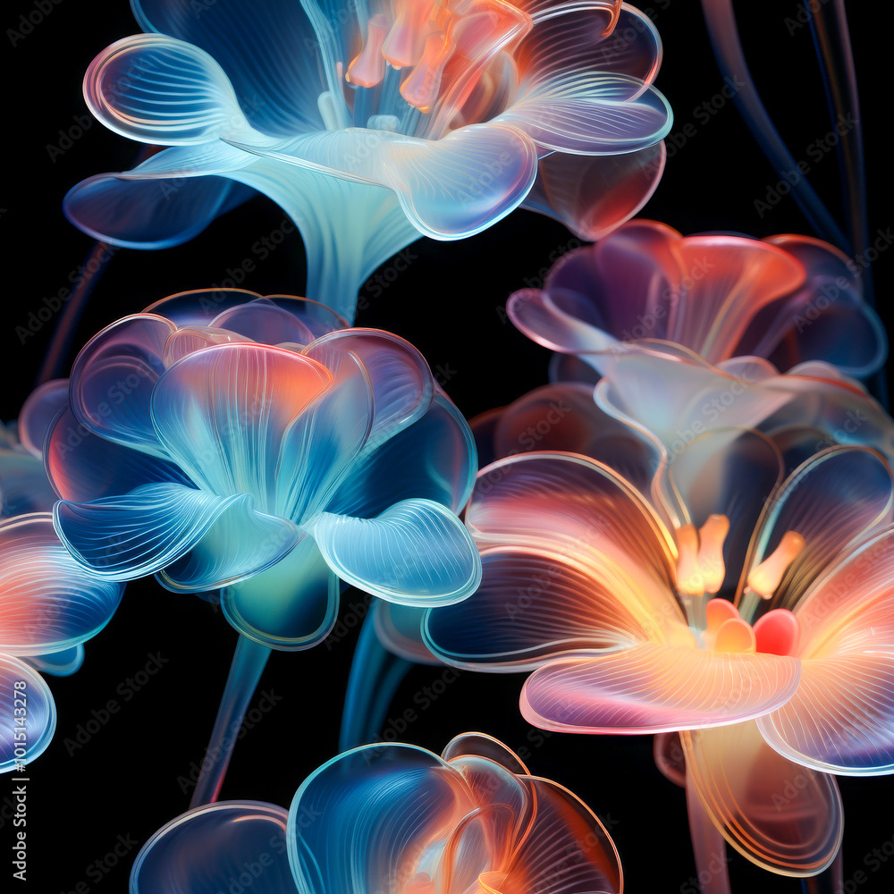 An abstract depiction of glowing, translucent flowers in vibrant neon colors, set against a black background, creating a surreal and futuristic aesthetic An abstract depiction of glowing, translucent flowers in vibrant neon colors, set against a black background, creating a surreal and futuristic aesthetic
