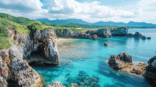 A mesmerizing shot of the blue waters of Cape Manzamo in Okinawa, with its unique rock formations and stunning coastal views. photo