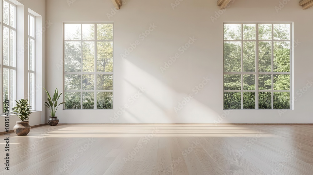 Spacious fitness room with minimal decor, floor-to-ceiling windows, and skylight illumination, fitness room, spacious, skylight Spacious fitness room with minimal decor, floor-to-ceiling windows, and skylight illumination, fitness room, spacious, skylight