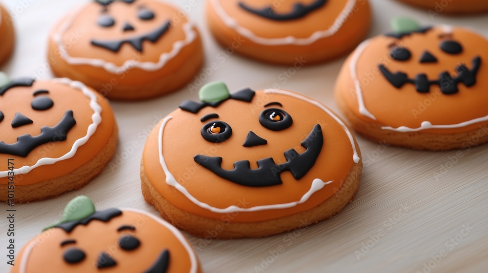 Cute Halloween pumpkin shaped gingerbread cookies with kawaii faces. Orange and brown treats for holiday celebration, for banner, poster, greeting card, menu, copy space. Festive baking, party food Cute Halloween pumpkin shaped gingerbread cookies with kawaii faces. Orange and brown treats for holiday celebration, for banner, poster, greeting card, menu, copy space. Festive baking, party food