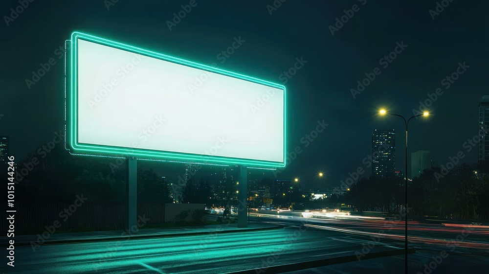 Illuminated Billboard with Blank Space on a City Street at Night