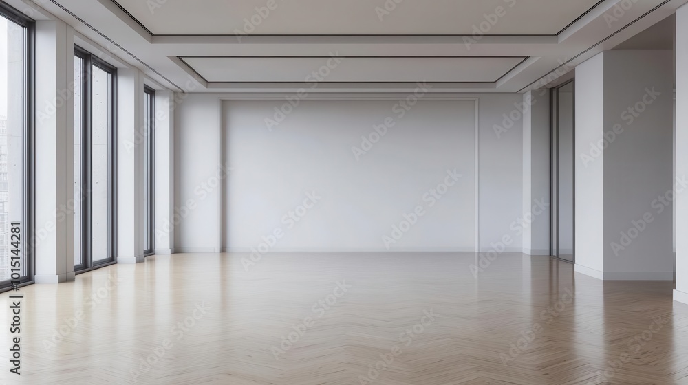 Obraz premium Spacious fitness room with minimalist white walls, floor-to-ceiling mirrors, soft ambient lighting, fitness room, minimalist, ambient lighting