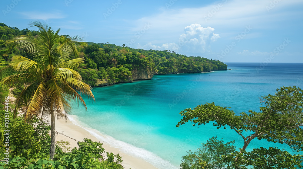 Na pięknej plaży, otoczonej palmami, turkusowe morze błyszczy w słońcu, tworząc niezwykłą panoramę. Na pięknej plaży, otoczonej palmami, turkusowe morze błyszczy w słońcu, tworząc niezwykłą panoramę.