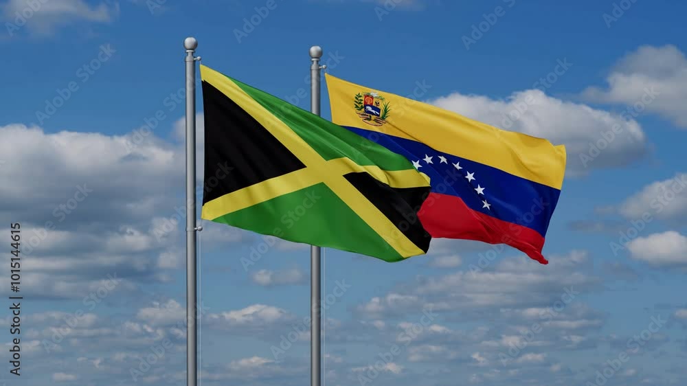 Venezuela and Jamaica flags flying together, video concept of the relationship Venezuela and Jamaica flags flying together, video concept of the relationship