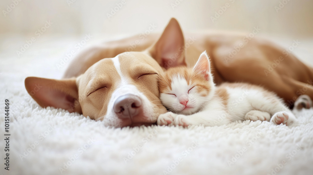 Naklejka premium Mały kociak leży skulony obok śpiącego szczeniaka, ich futerka delikatnie się dotykają.