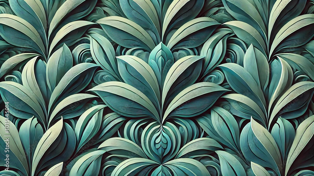 Symmetrical Teal Leaf Pattern with Layered Three-Dimensional Petals in a Seamless Digital Design Symmetrical Teal Leaf Pattern with Layered Three-Dimensional Petals in a Seamless Digital Design