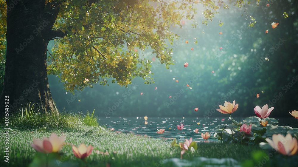 Naklejka premium Kreatywne tło na świeżym powietrzu wypełnione jest bujną zielenią drzew i kolorowymi kwiatami.