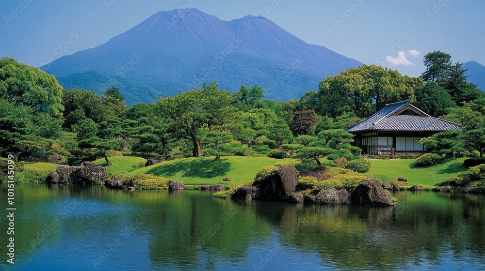 A peaceful view of the Sengan-en Garden in Kagoshima, with views of the active volcano Sakurajima in the background. A peaceful view of the Sengan-en Garden in Kagoshima, with views of the active volcano Sakurajima in the background.