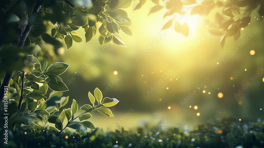 Naklejka premium Kreatywne tło na świeżym powietrzu wypełnione jest bujną zielenią drzew i kolorowymi kwiatami.