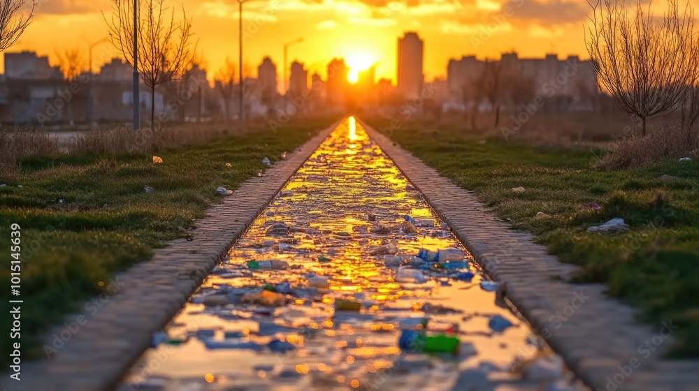 Urban sunset reflecting on water-lined path highlighting environmental concerns Urban sunset reflecting on water-lined path highlighting environmental concerns