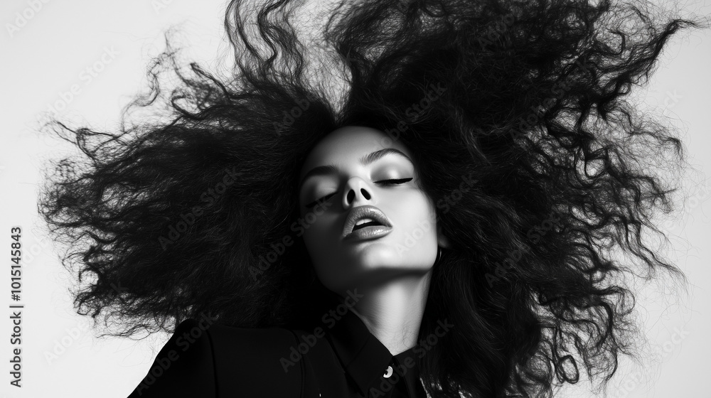 Fototapeta premium Modelka o olśniewającej urodzie prezentuje się w wyrazistej stylizacji, w której jej ogromne, bujne włosy przyciągają wszystkie spojrzenia.