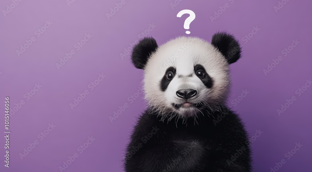 Obraz premium Cute confused panda with question marks isolated on purple background 