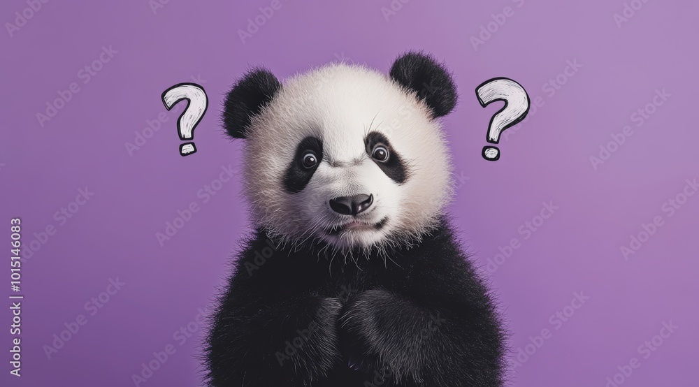Fototapeta premium Cute confused panda with question marks isolated on purple background 