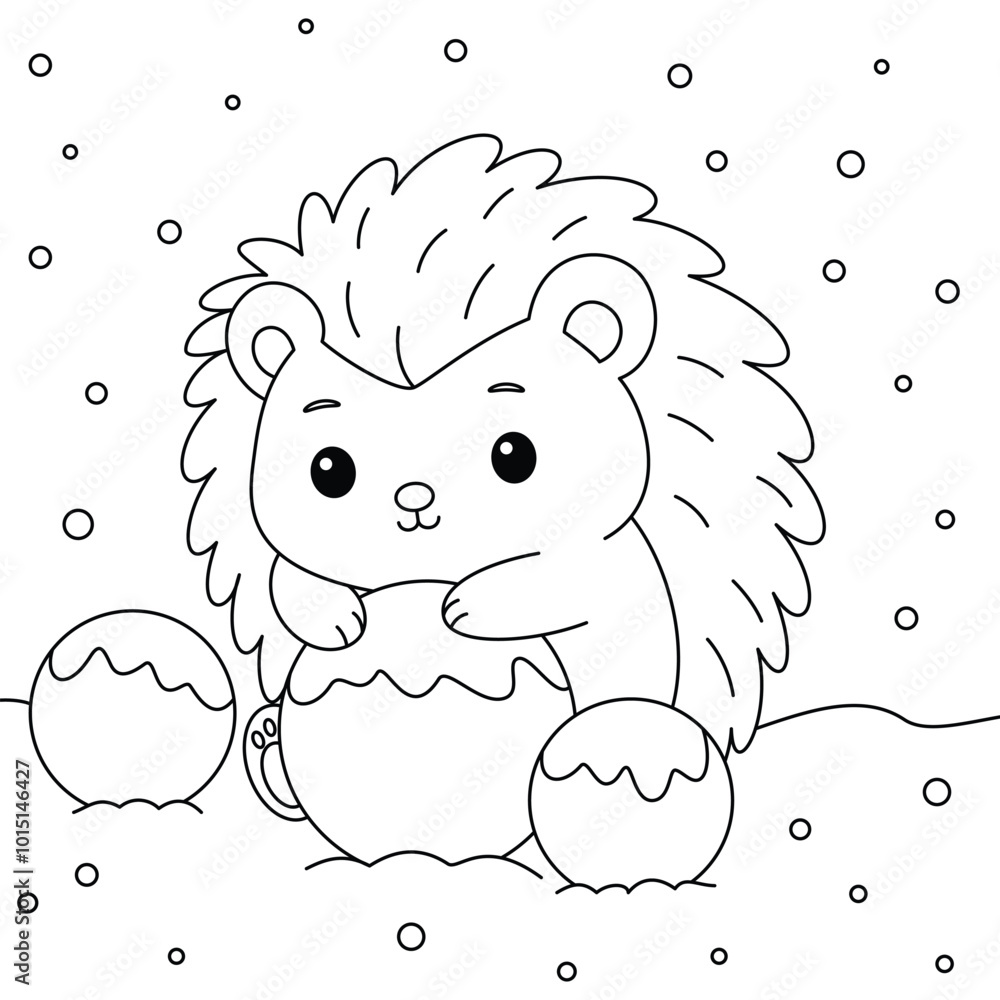 Cute hedgehog rolling snowballs to build a snowman outline coloring page. Christmas and Winter Illustration