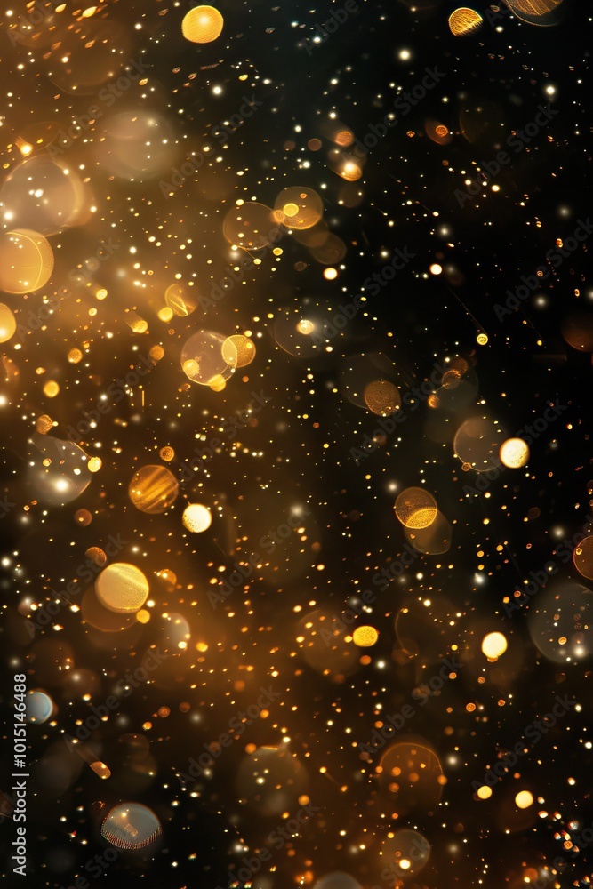 Golden glowing bokeh lights and glitter on a dark background