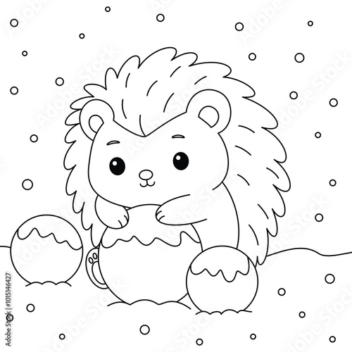Obraz na płótnie Cute hedgehog rolling snowballs to build a snowman outline coloring page. Christmas and Winter Illustration w salonie