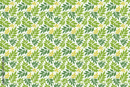 Seamless pattern with green curry leaves on white background. Vector illustration.