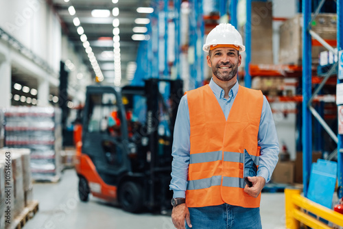 Smiling warehouse worker holding digital tablet with forklift in background