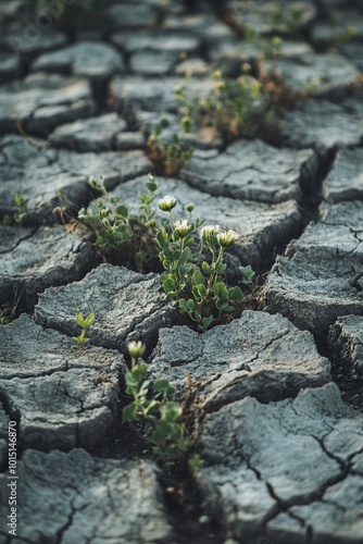 Oasis in the Dry, Cracked Earth. AI generated illustration