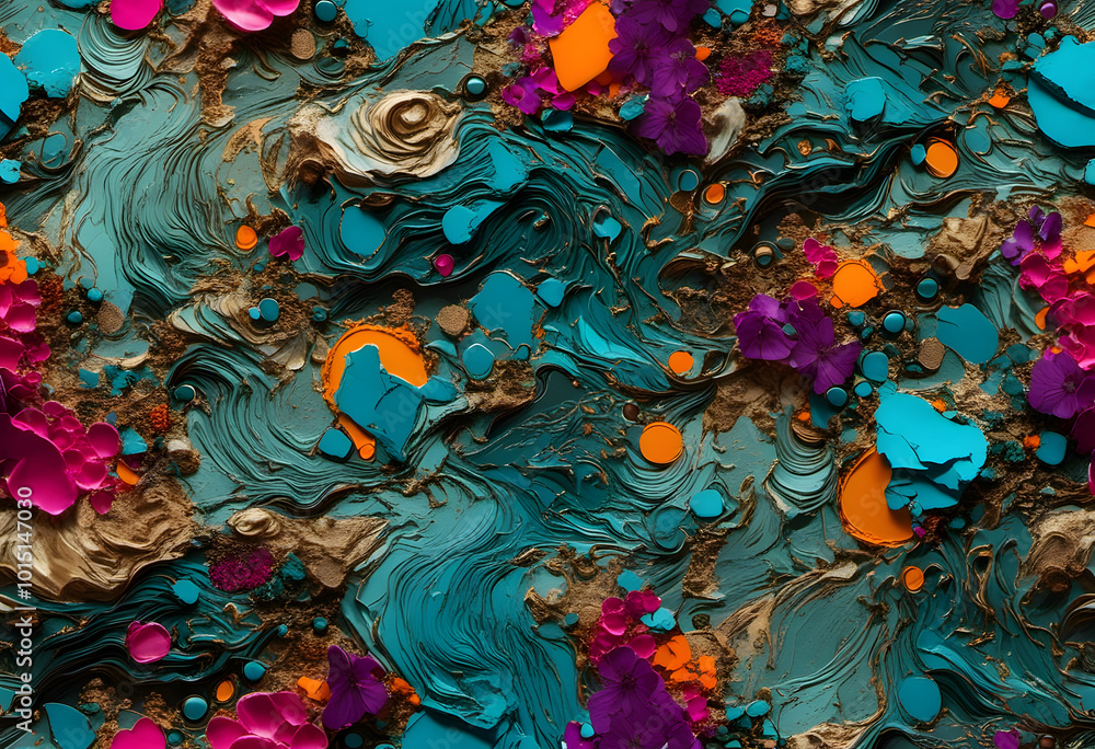 Abstract art with circular shapes in blue, orange, and brown tones. Abstract art with circular shapes in blue, orange, and brown tones.