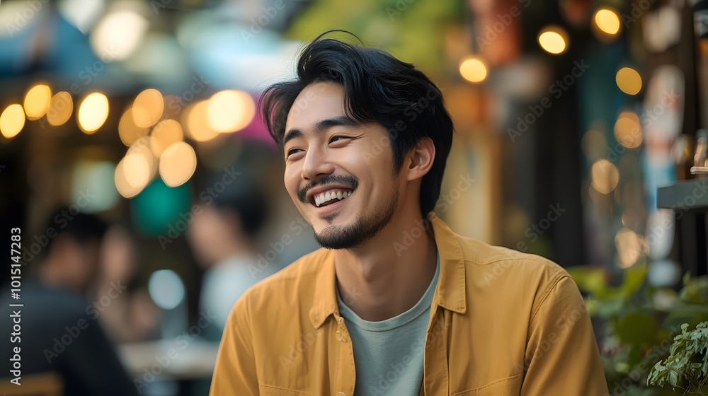 Fototapeta premium A Smiling Young Man in a Yellow Shirt in a Bokeh Background