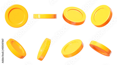 3D set yellow coins with different angles. Stock vector illustration on isolated background.	
