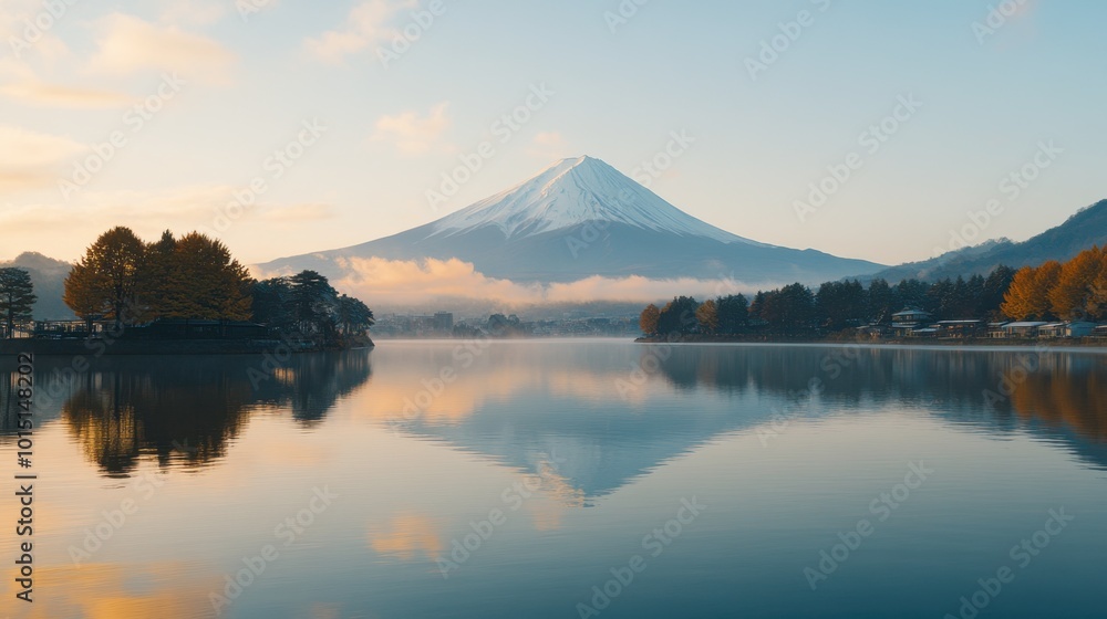 A serene view of the iconic Mount Fuji, with its snow-capped peak reflecting on Lake Kawaguchi at sunrise. A serene view of the iconic Mount Fuji, with its snow-capped peak reflecting on Lake Kawaguchi at sunrise.