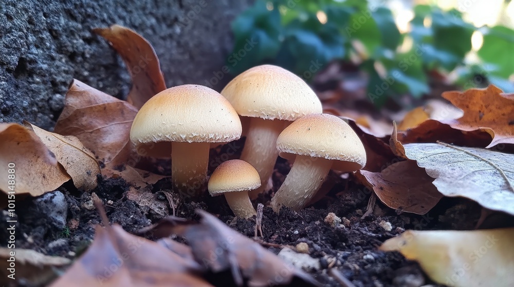 A small family of button mushrooms growing in a shaded garden, peeking out from under a bed of fallen leaves. A small family of button mushrooms growing in a shaded garden, peeking out from under a bed of fallen leaves.