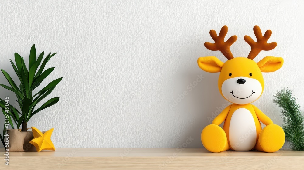 Cute plush reindeer toy sitting on a shelf with green plants, bright and cheerful room. Cute plush reindeer toy sitting on a shelf with green plants, bright and cheerful room.