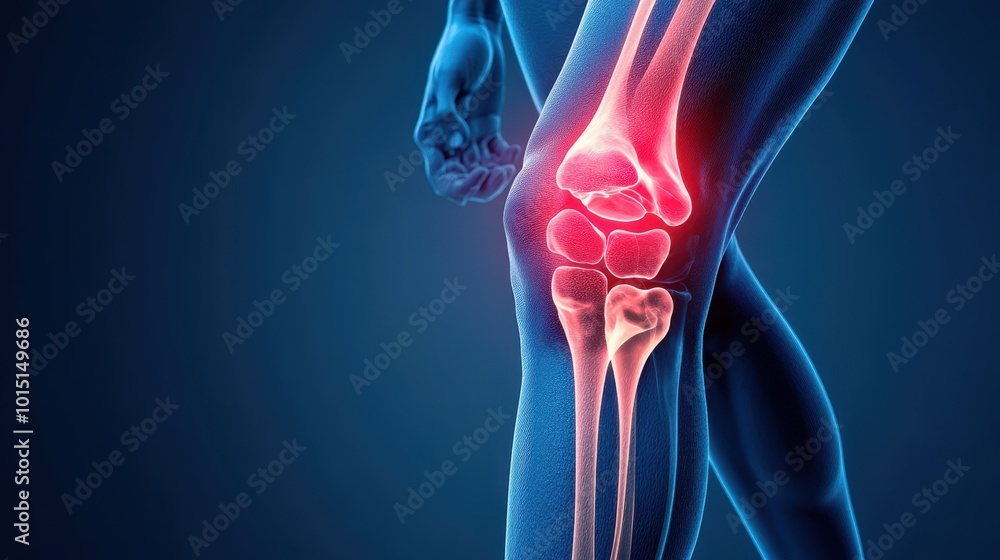 Human knee joint anatomy highlighted in red against a blue background. Human knee joint anatomy highlighted in red against a blue background.