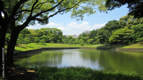 A tranquil view of the gardens surrounding the Imperial Palace in Tokyo, with the palace walls and a moat in the background.