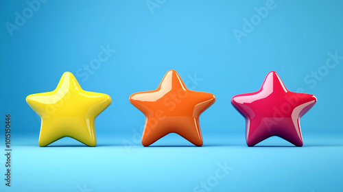 Trendy realistic cartoon star rating icon set in bright colors against a vibrant blue background