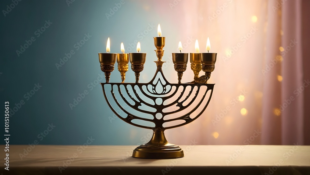 Brass Menorah With Lit Candles on a Table Celebrating Hanukkah in a Warmly Lit Room Brass Menorah With Lit Candles on a Table Celebrating Hanukkah in a Warmly Lit Room