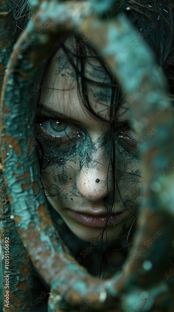 Intense Gaze: A Woman's Face Hidden in Shadows Intense Gaze: A Woman's Face Hidden in Shadows