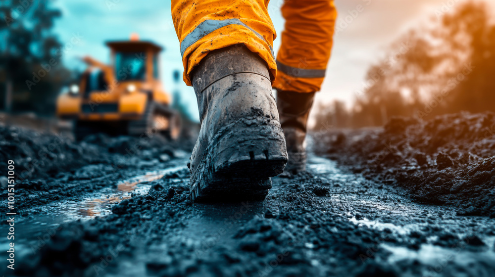 Worker walks on a construction site with heavy machinery in the background during sunset hours Worker walks on a construction site with heavy machinery in the background during sunset hours