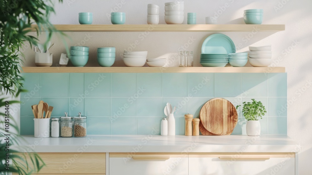 A stylish kitchen showcases neatly arranged dishes and utensils on wooden shelves. The light teal backsplash complements the minimalist decor, creating an inviting atmosphere for cooking. A stylish kitchen showcases neatly arranged dishes and utensils on wooden shelves. The light teal backsplash complements the minimalist decor, creating an inviting atmosphere for cooking.