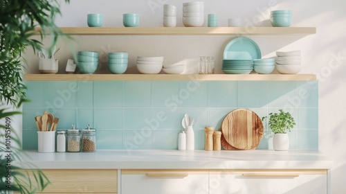 A stylish kitchen showcases neatly arranged dishes and utensils on wooden shelves. The light teal backsplash complements the minimalist decor, creating an inviting atmosphere for cooking.