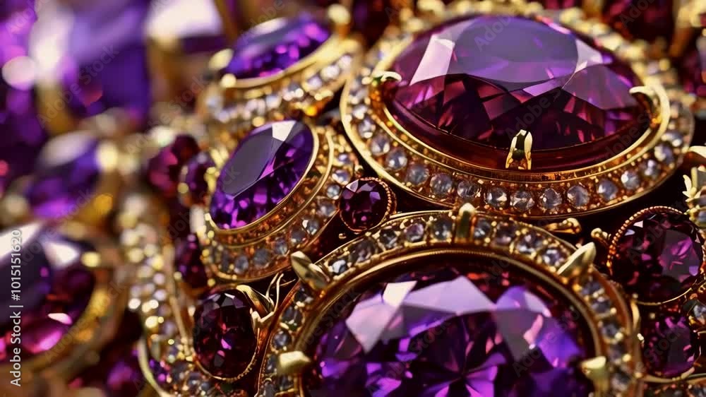 Close-up of purple gemstones set in gold jewelry Close-up of purple gemstones set in gold jewelry