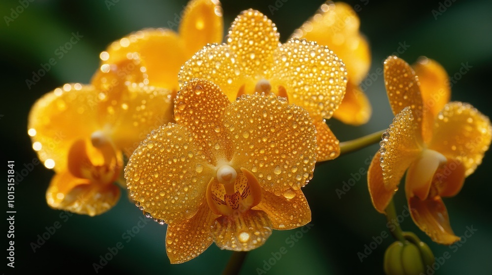 A cluster of vibrant yellow orchids with dew drops on their petals against a dark green background. A cluster of vibrant yellow orchids with dew drops on their petals against a dark green background.