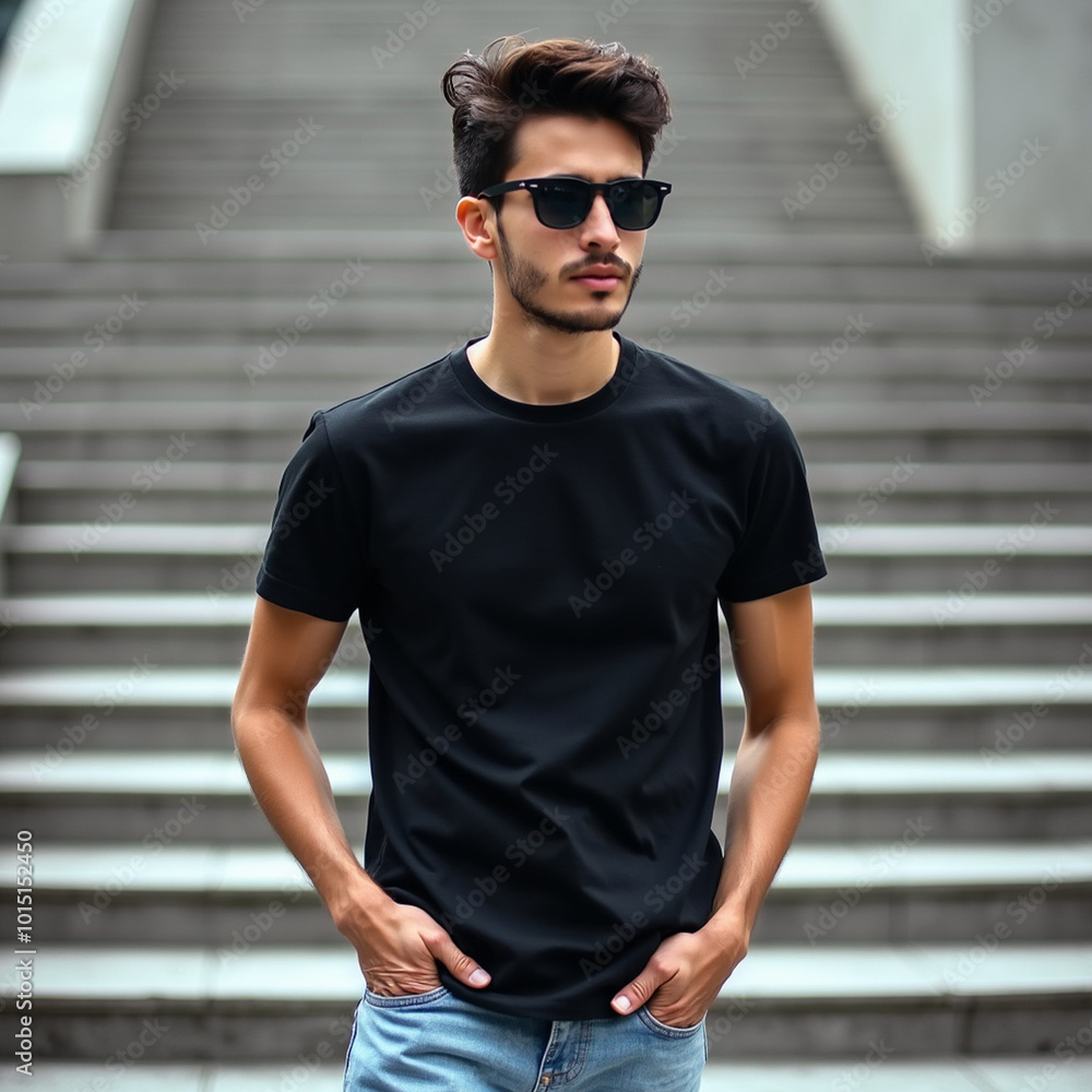 Stylish Young Man Posing in wearing sunglasses and black T-Shirt Mockup Stylish Young Man Posing in wearing sunglasses and black T-Shirt Mockup